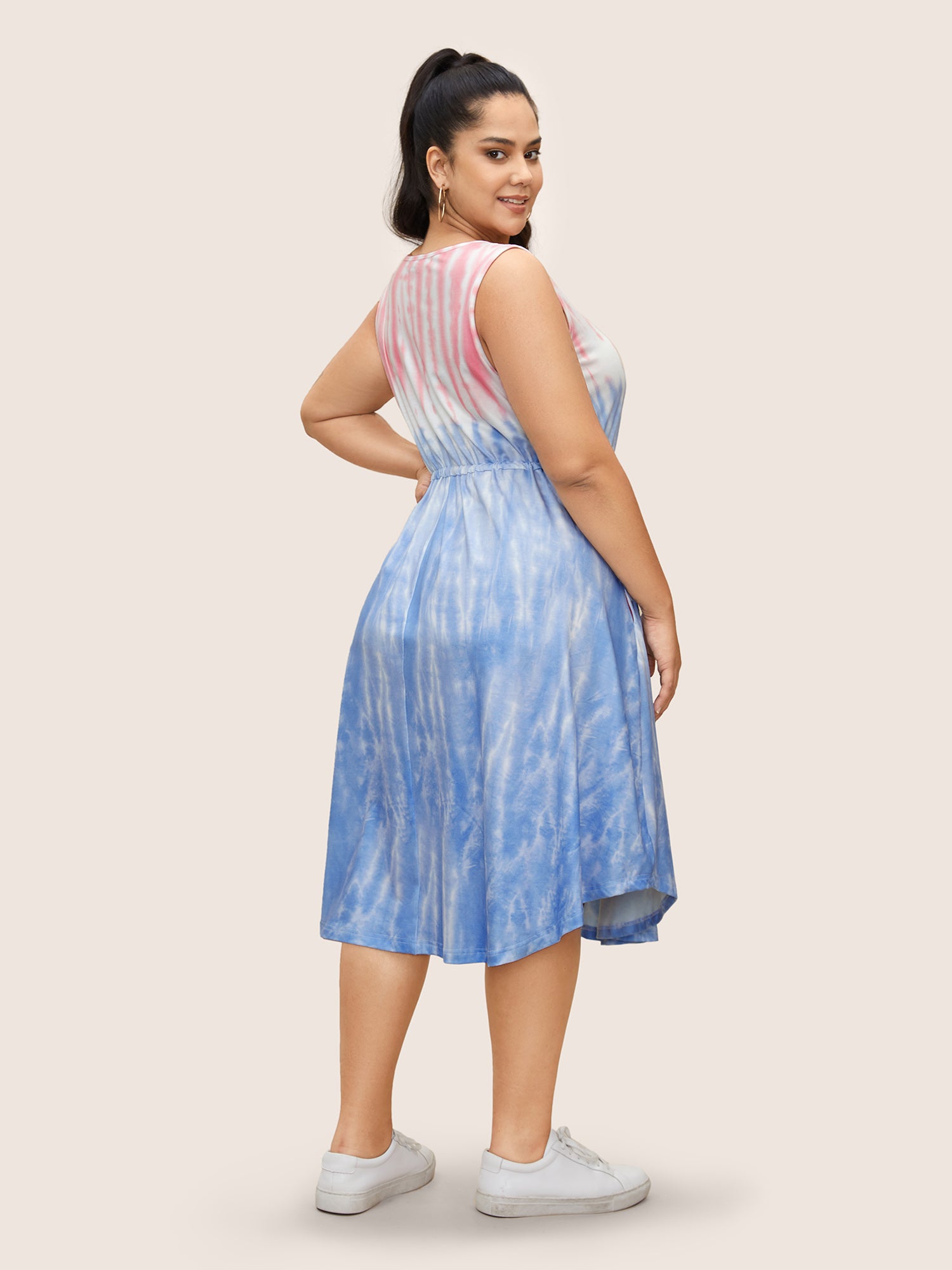 Tie Dye Round Neck Drawstring Pleated Dress-Sweetccc