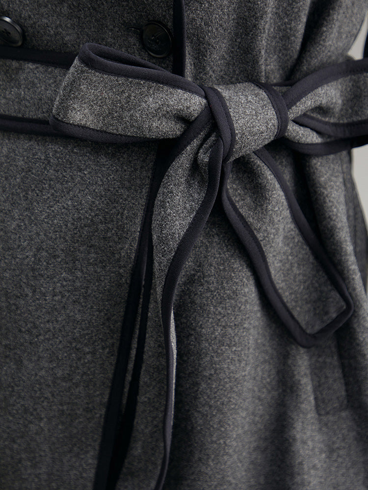 Lapel Collar Contrast Trim Belted Button Up Coat-Sweetccc