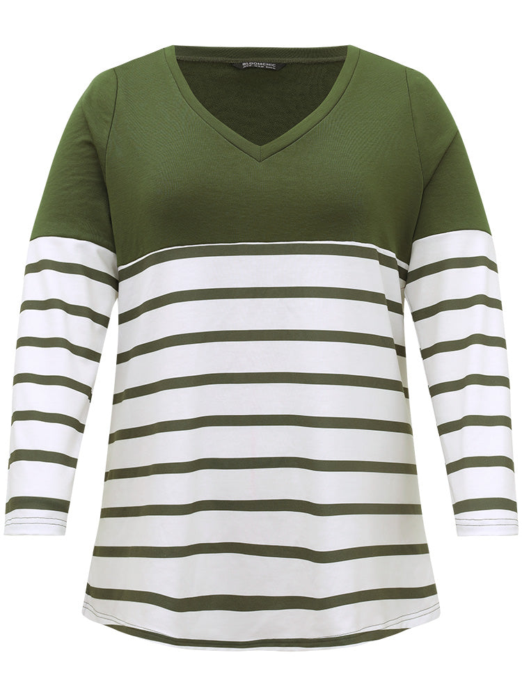 Striped Patchwork Contrast V Neck Sweatshirt-Sweetccc