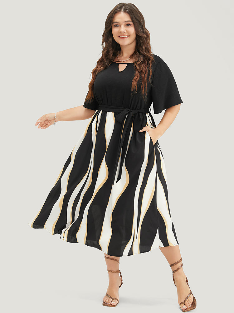 Striped Patchwork Ruffle Sleeve Pocket Belted Keyhole Dress-Sweetccc