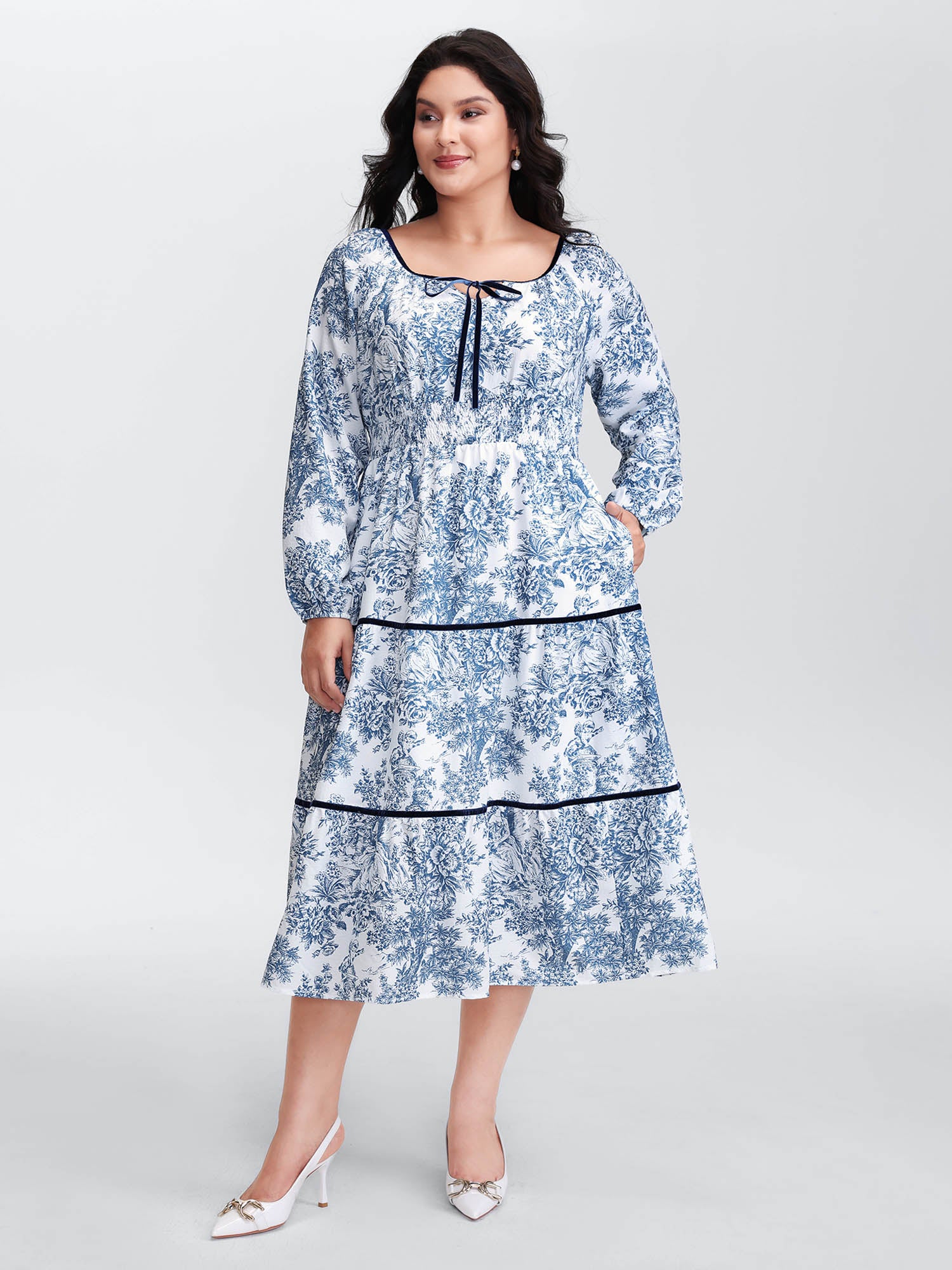 Toile de Jouy Neck-Tie Midi Dress-Sweetccc