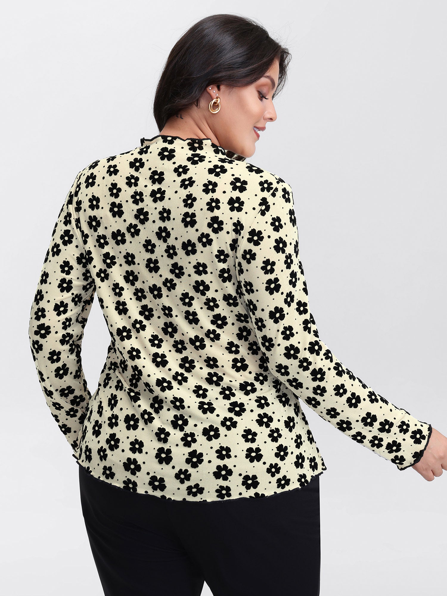 Floral Print Stretchy Mock Neck T-Shirt-Sweetccc