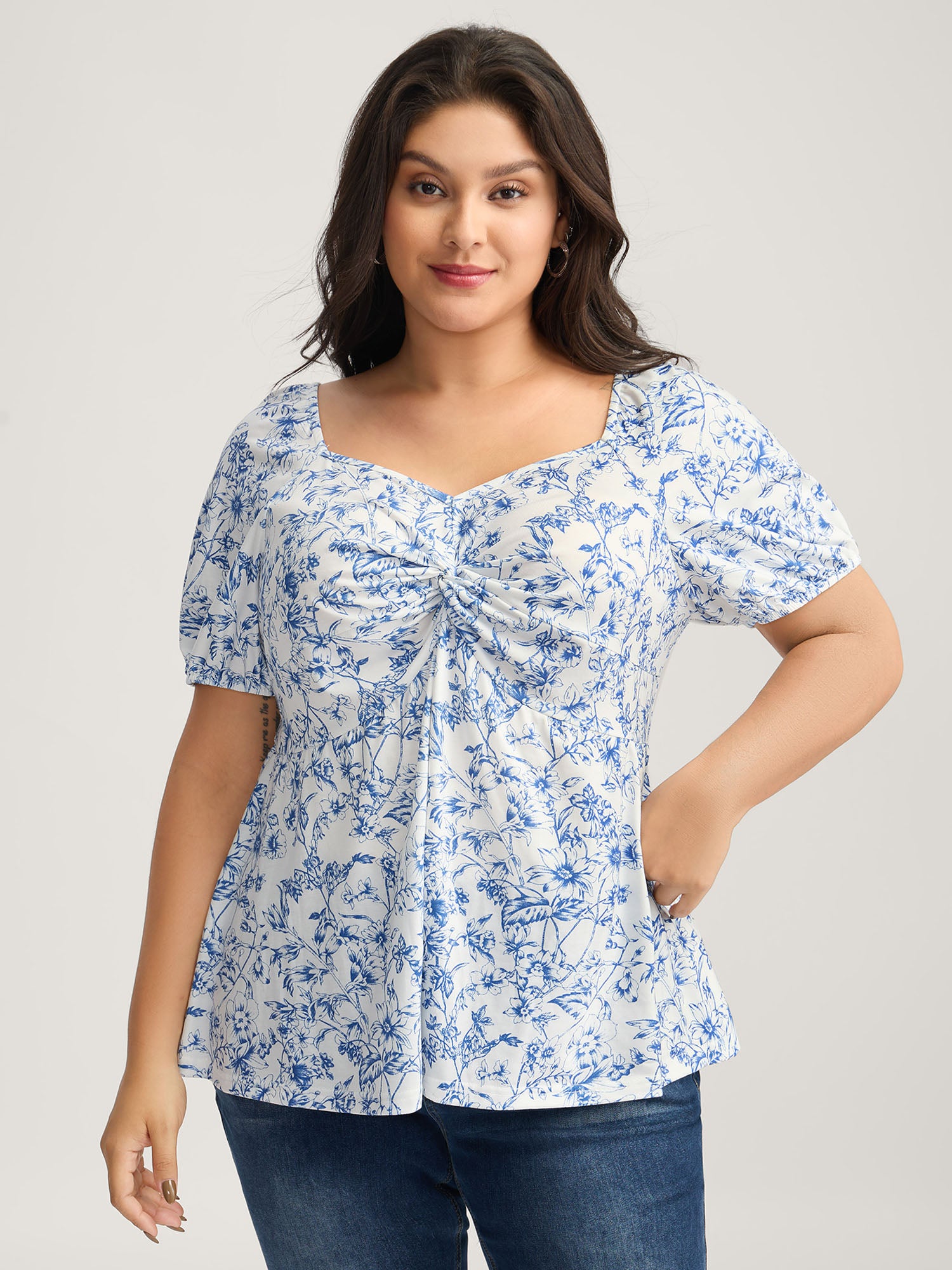 Sweetheart Gathered Bodice Floral Top-Sweetccc
