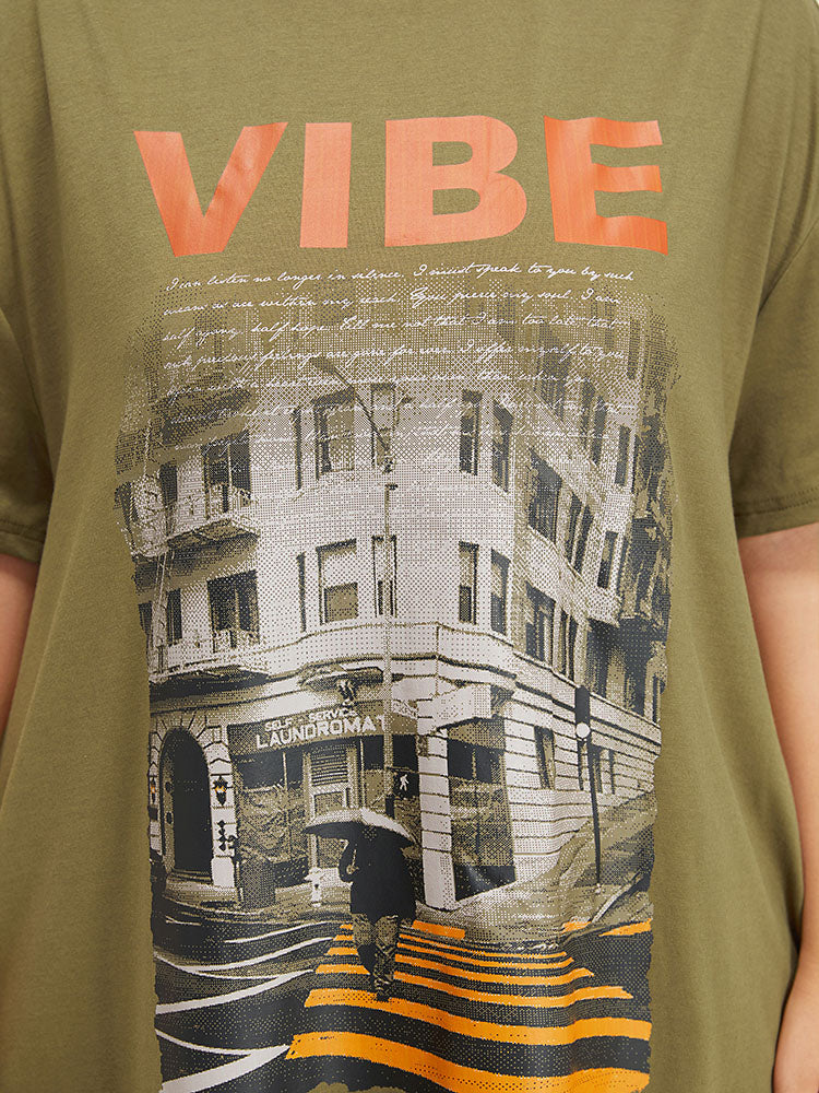 Letter & Graphic Print Pocket Crew Neck Dress-Sweetccc