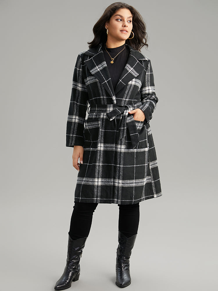 Lapel Collar Plaid Belted Contrast Coat-Sweetccc