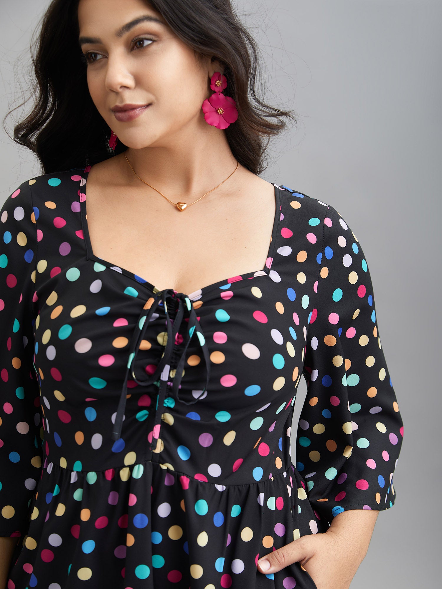 Multi-Color Dots Sweetheart Neckline Midi Dress-Sweetccc