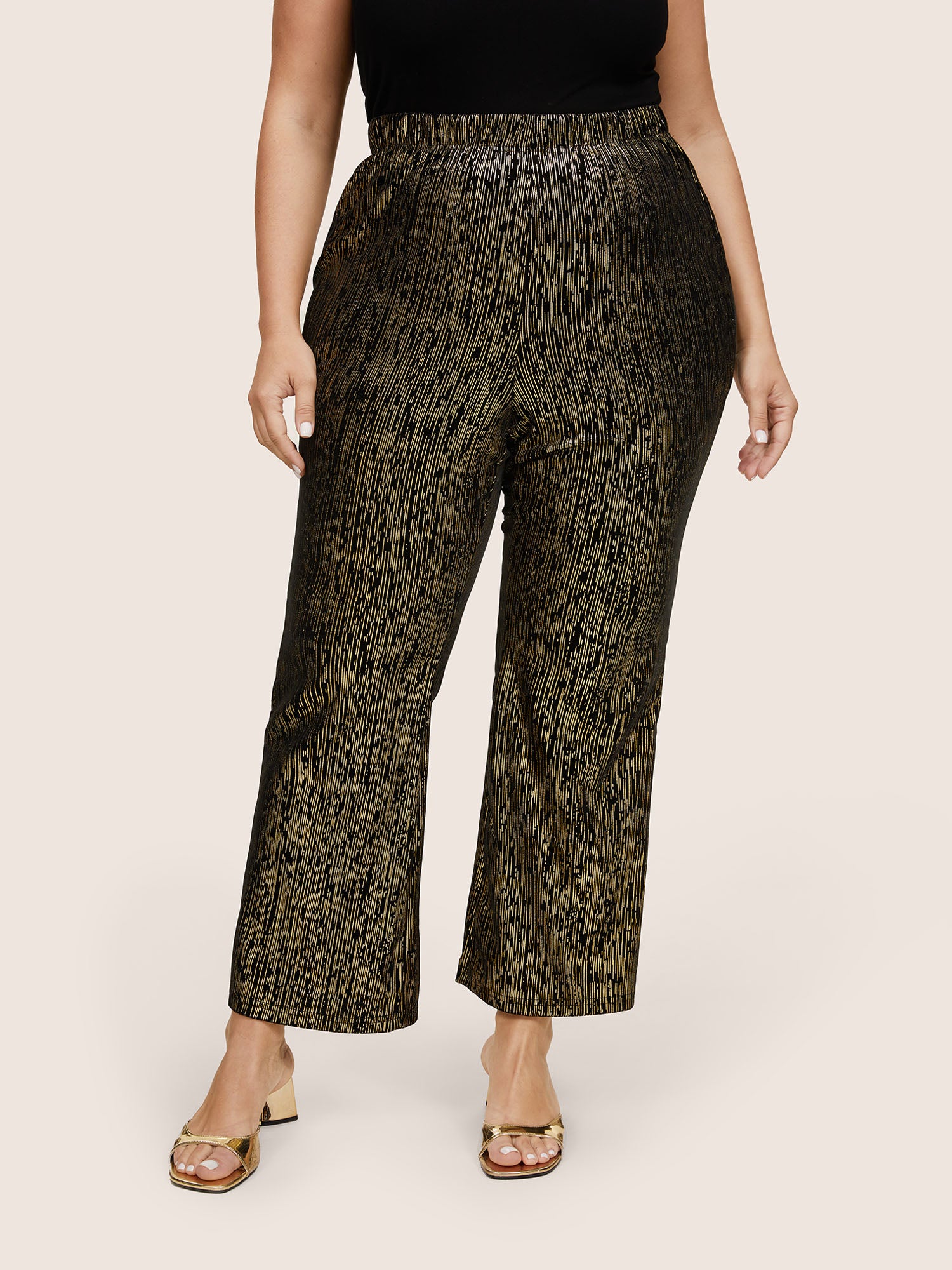 Velvet Striped Elastic Waist Flare Leg Pants-Sweetccc
