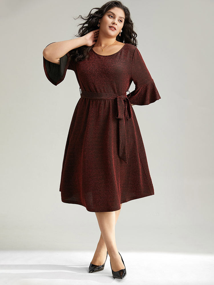 Lurex Belted Flutter Sleeve Dress-Sweetccc