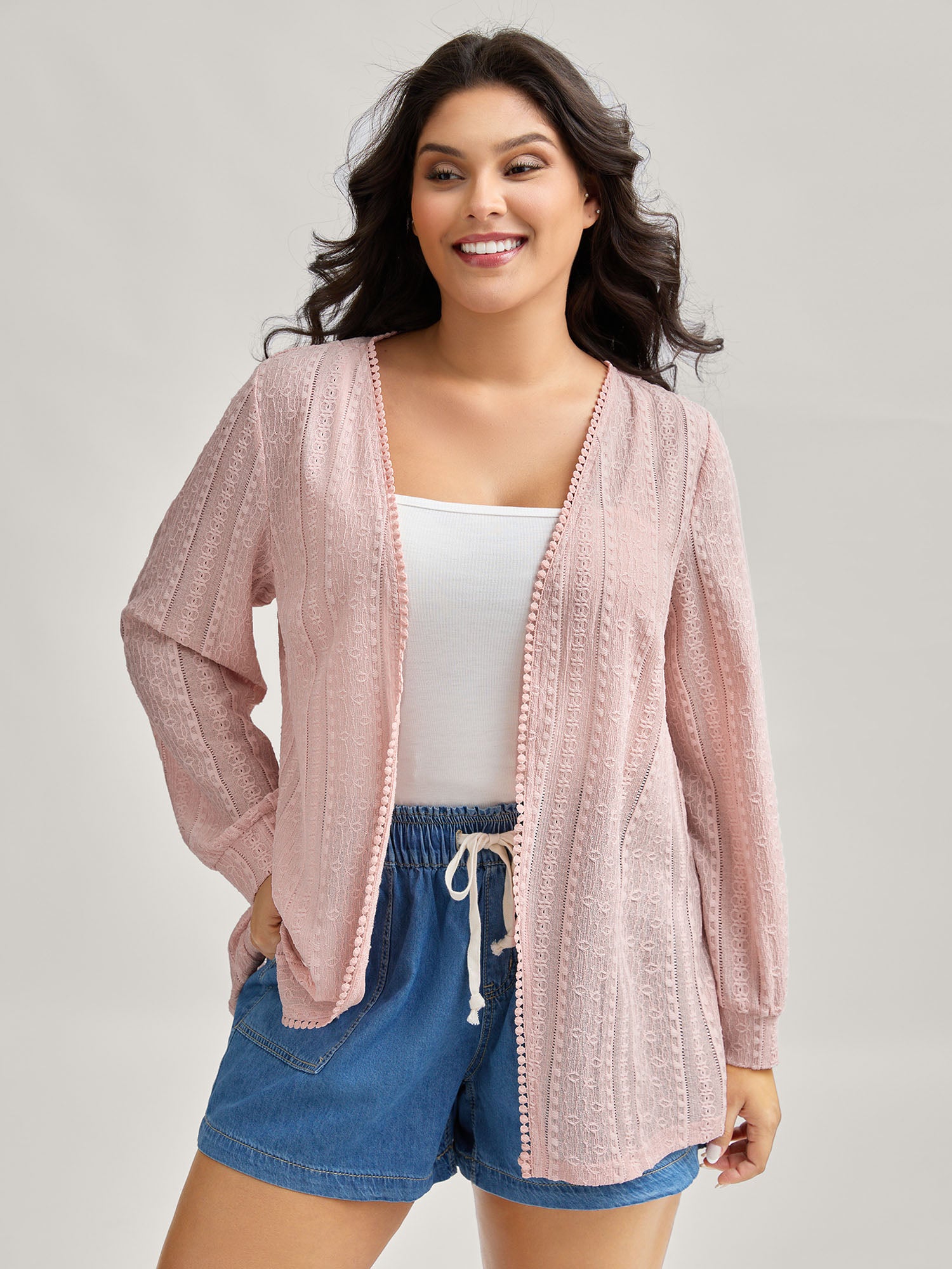Textured Lace Trim Sheer Kimono Cardigan-Sweetccc