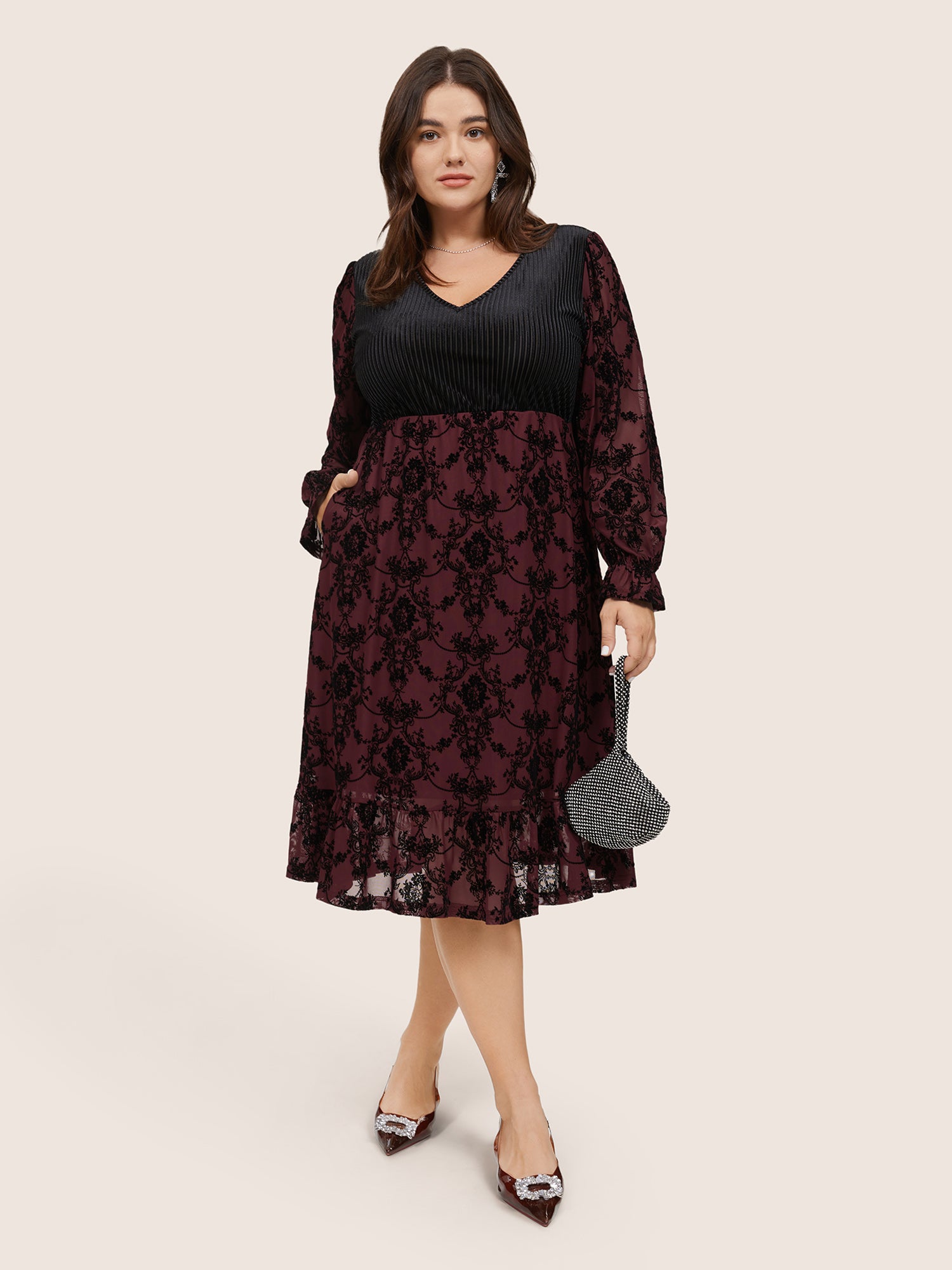 Velvet Patchwork Geometric Pleated Dress-Sweetccc