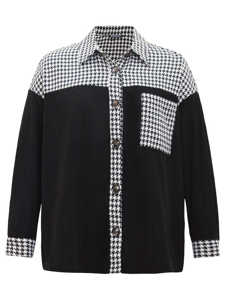 Houndstooth Patchwork Pocket Button Through Corduroy Coat-Sweetccc