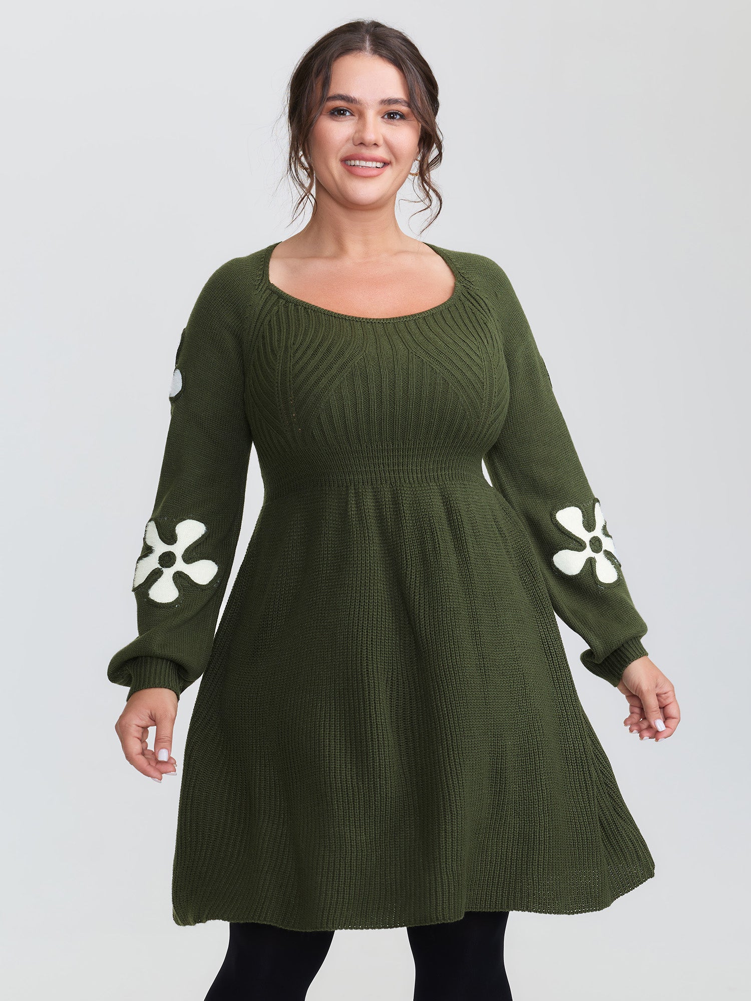 Floral Cord Embroidered Cinched-Waist Sweater Dress-Sweetccc