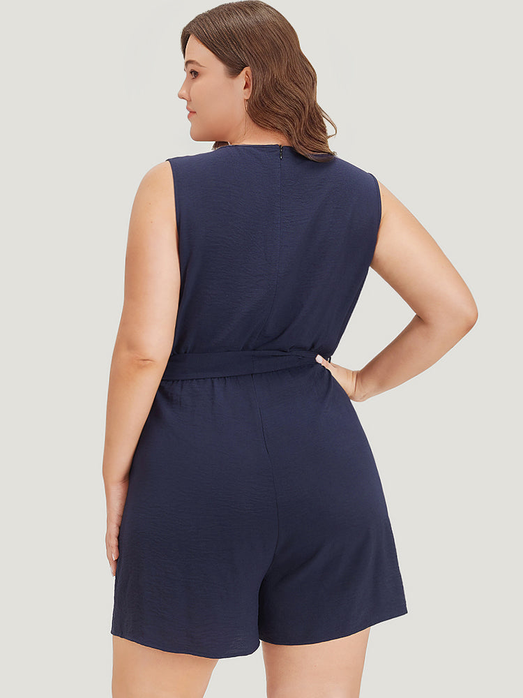 Solid Pocket Contrast Lace Belted Tank Romper-Sweetccc