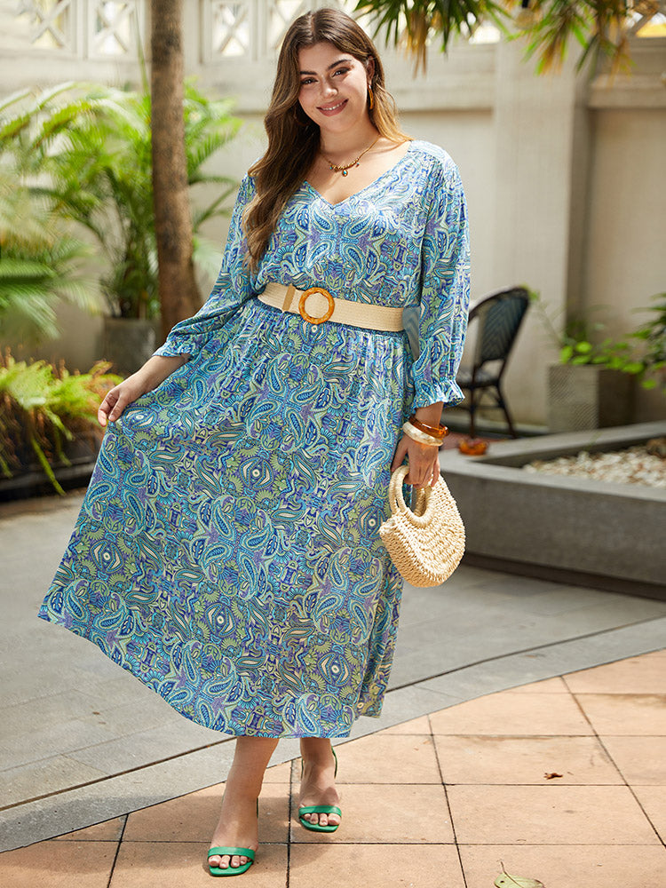 Paisley Print Shirred Flutter Trim Dress-Sweetccc