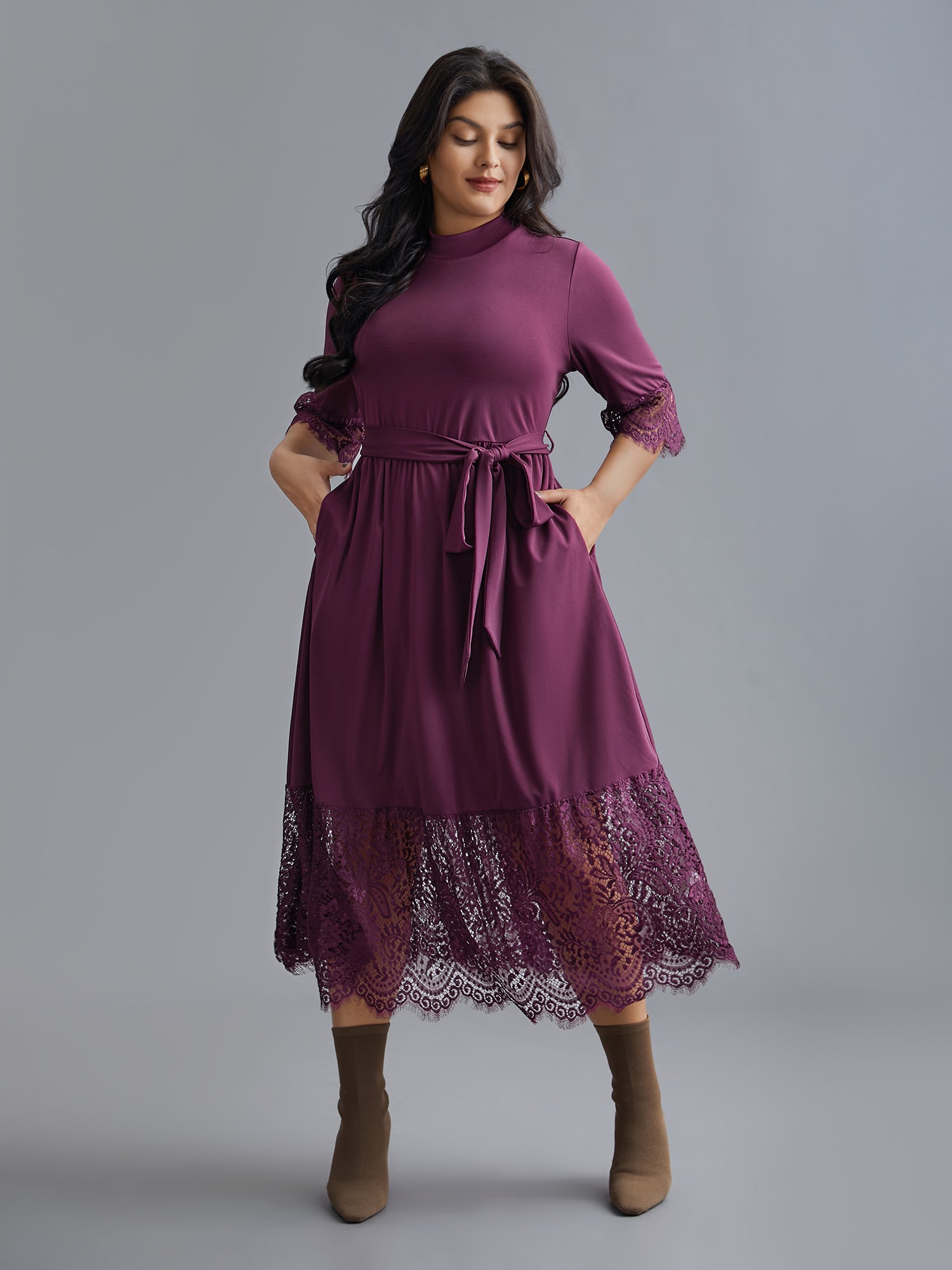 Mock Neck Crochet Lace Belted Dress-Sweetccc