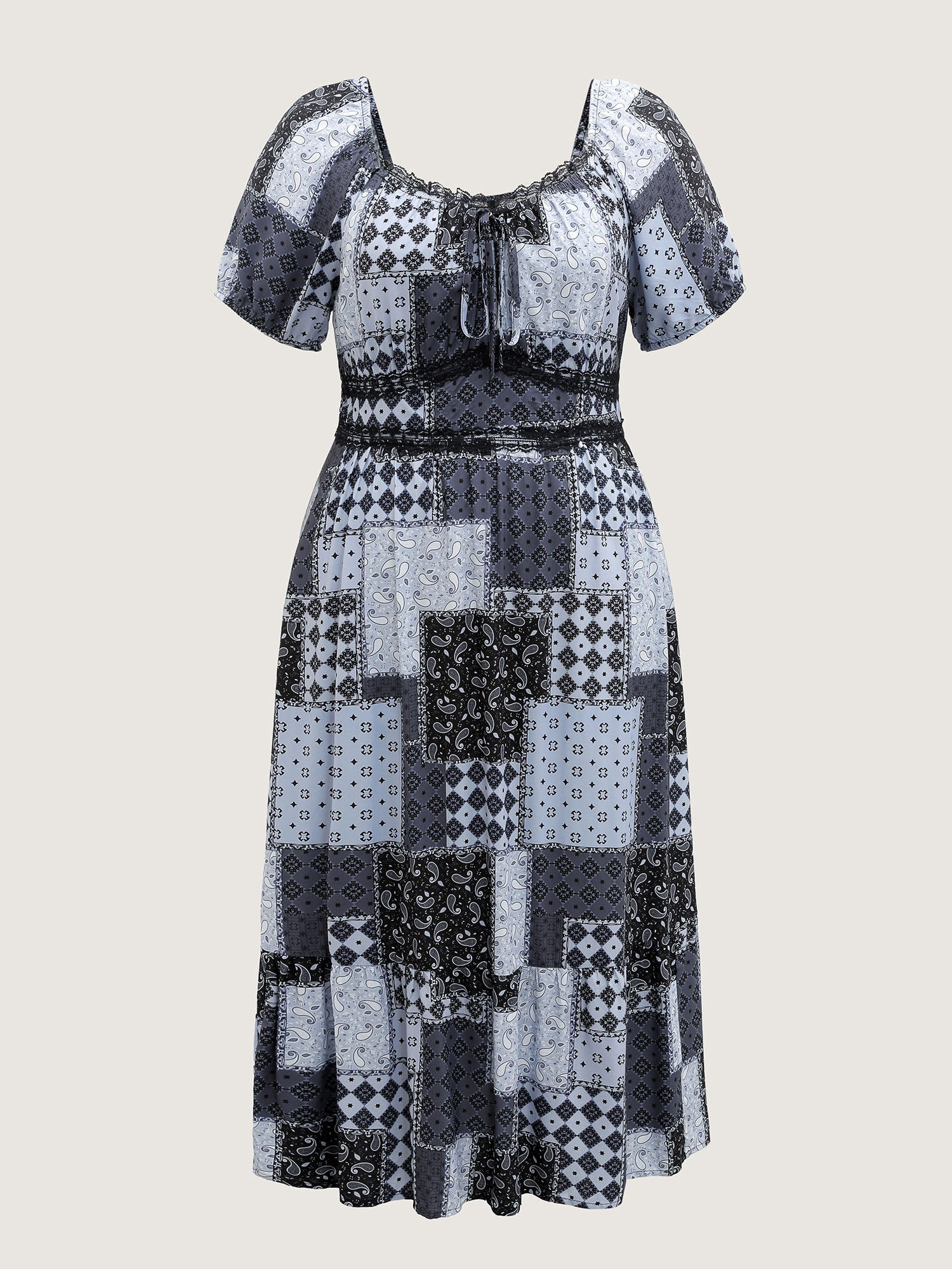 Paisley Collage Print Lace Trim Midi Dress-Sweetccc