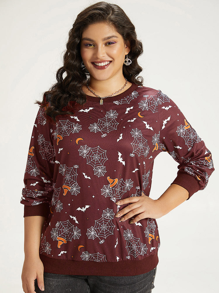 Halloween Print Elastic Cuffs Round Neck Sweatshirt-Sweetccc