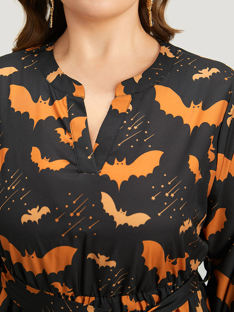 Halloween Bat Print Notched Belted Pocket Dress-Sweetccc