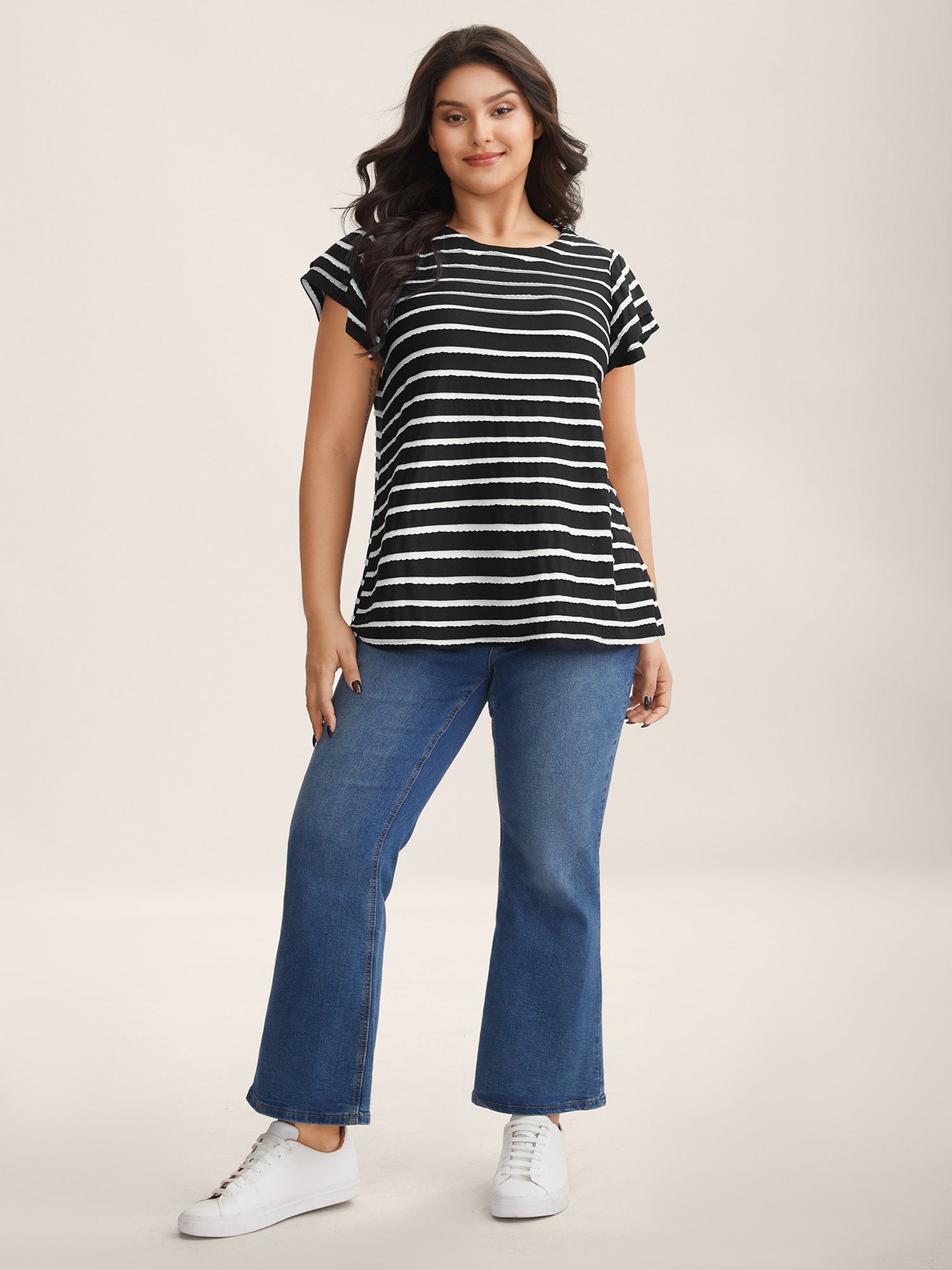 Stripe Textured Lotus Leaf Sleeve T-Shirt-Sweetccc