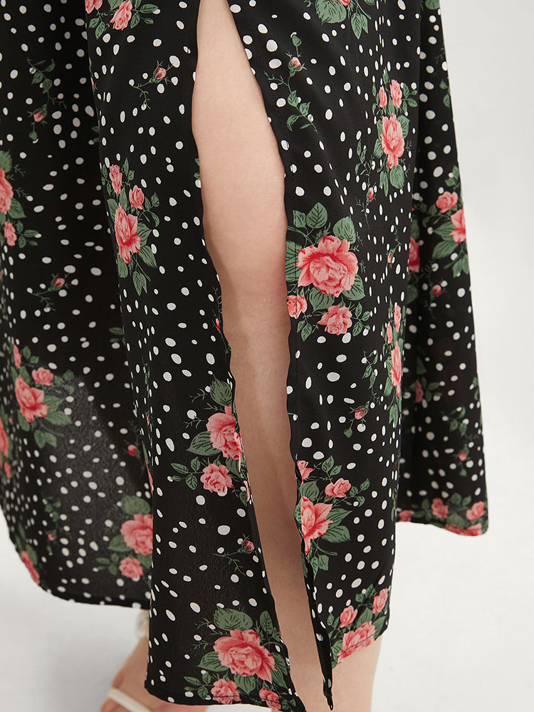 Floral & Polka Dot Ruffle Trim Pocket Cold Shoulder Split Dress-Sweetccc