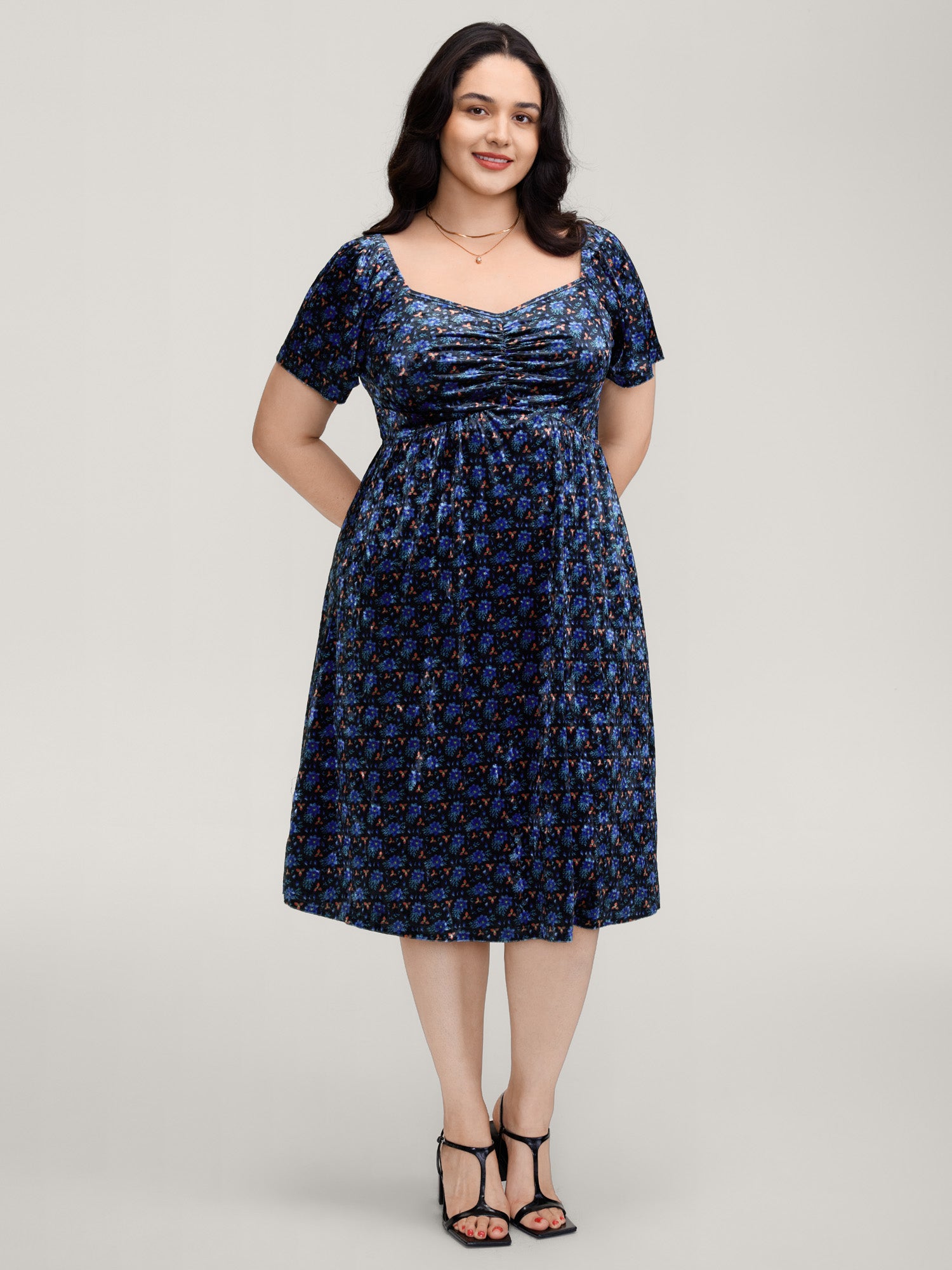 Velvet Floral Gathered Bodice Midi Dress-Sweetccc