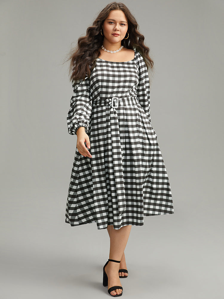 Halloween Plaid Print Belted Square Neck Lantern Sleeve Dress-Sweetccc