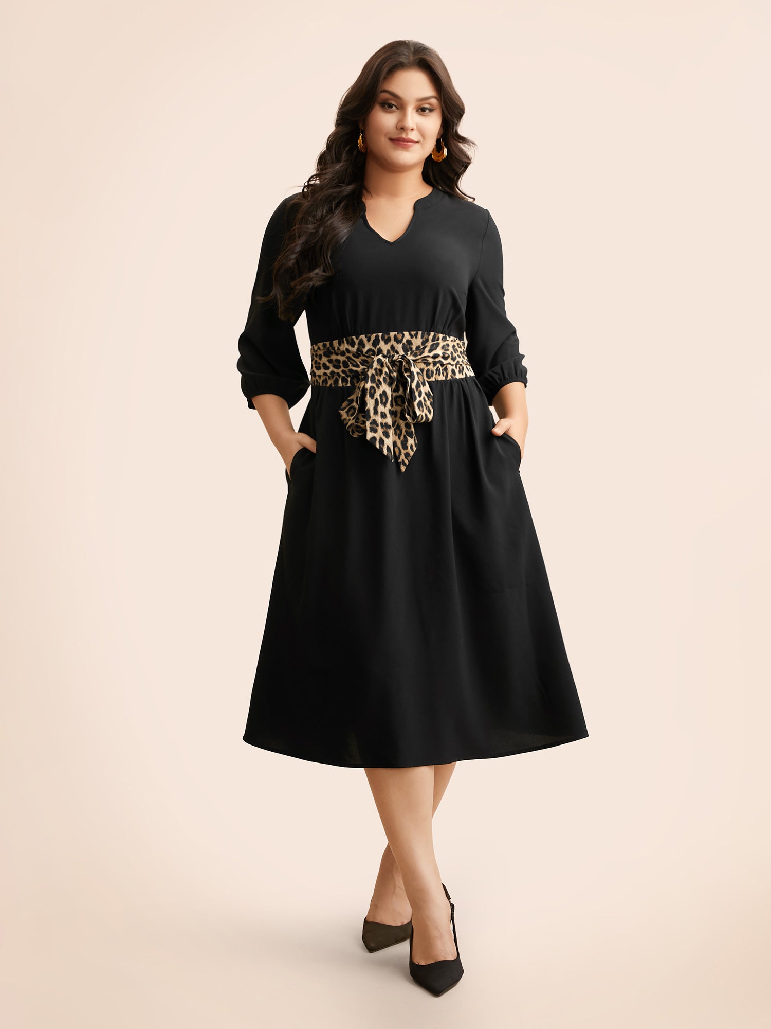 Notched Collar Leopard Print Patchwork Dress-Sweetccc