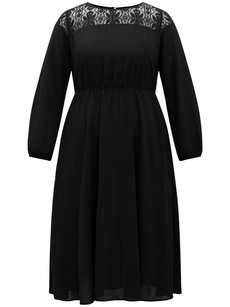 Lace Panel Patchwork Lantern Sleeve Dress-Sweetccc