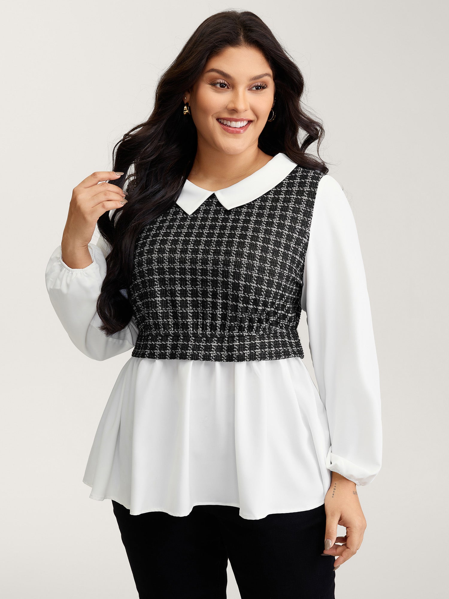 Houndstooth Pattern Color Contrast Blouse-Sweetccc