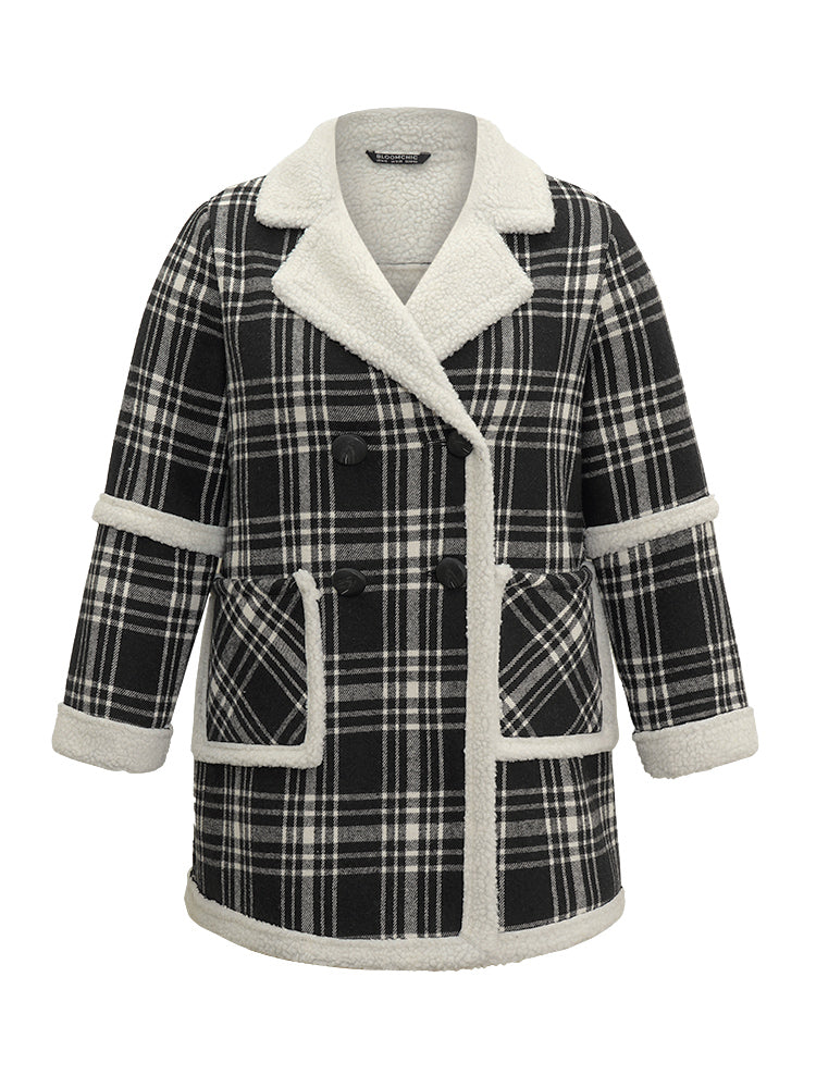 Lapel Collar Plaid Pocket Fuzzy Trim Coat-Sweetccc