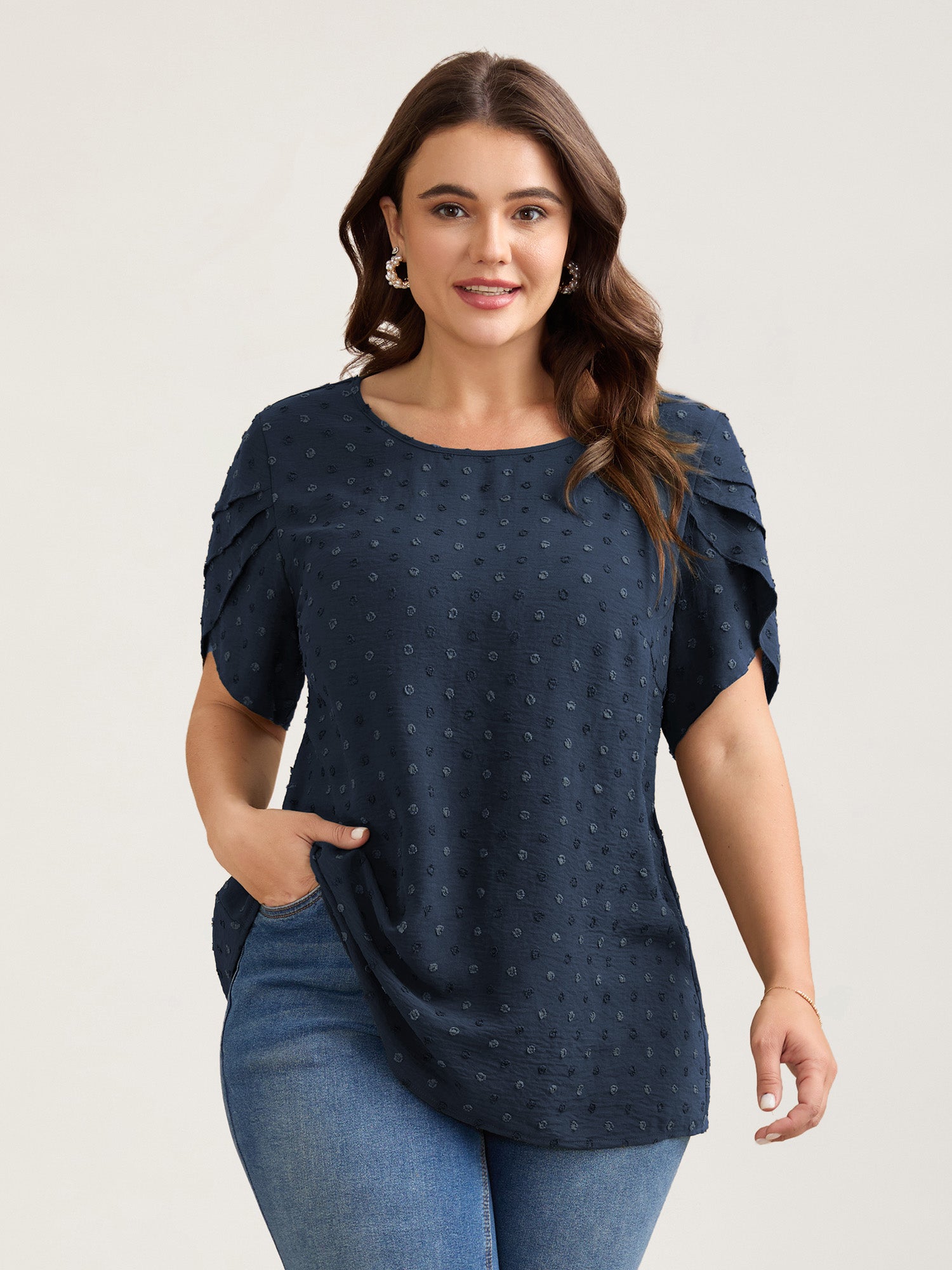 Textured Color Contrast Petal Sleeve Blouse-Sweetccc