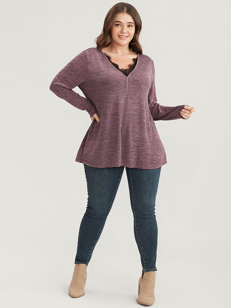 Solid Lace Trim V Neck Long Tee-Sweetccc