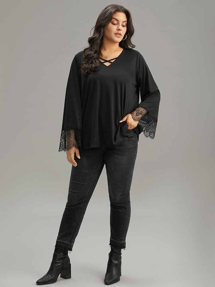 Guipure Lace Crisscross Flutter Sleeve T-shirt-Sweetccc