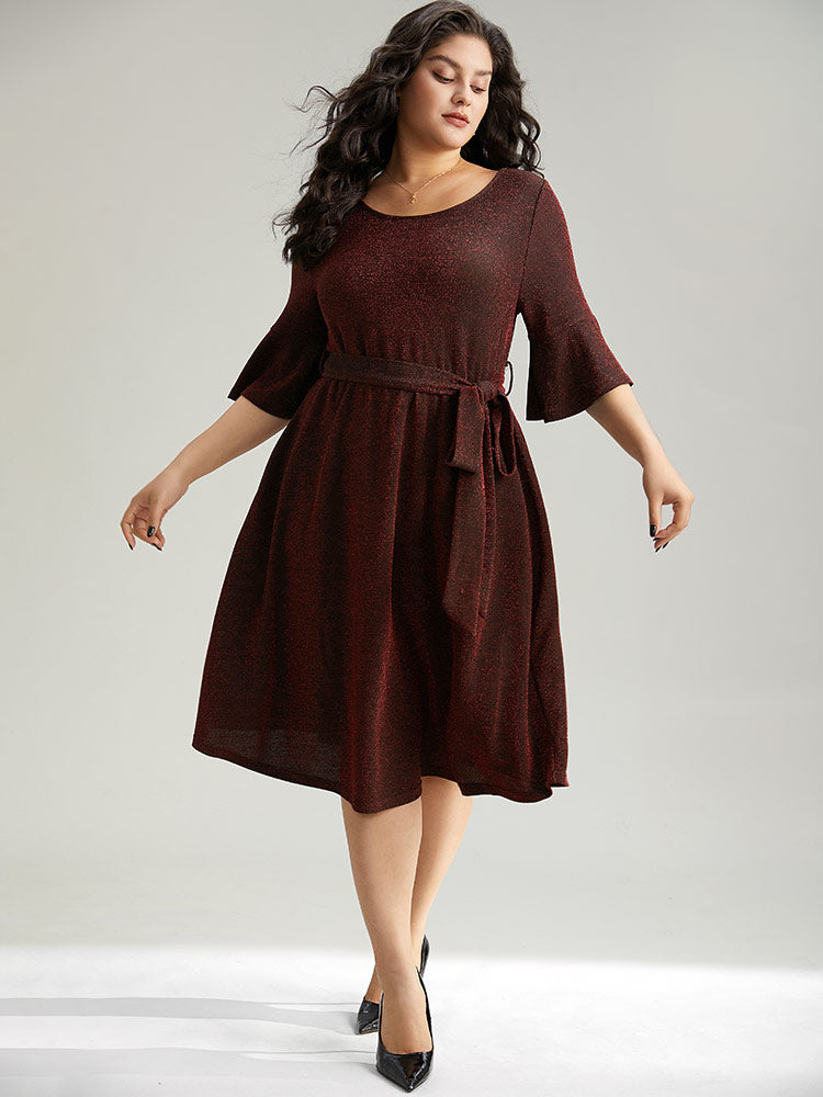 Lurex Belted Flutter Sleeve Dress-Sweetccc