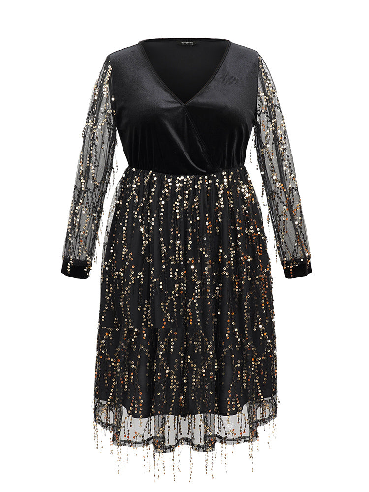 Velvet Sequin Tassels Mesh Surplice Neck Dress-Sweetccc