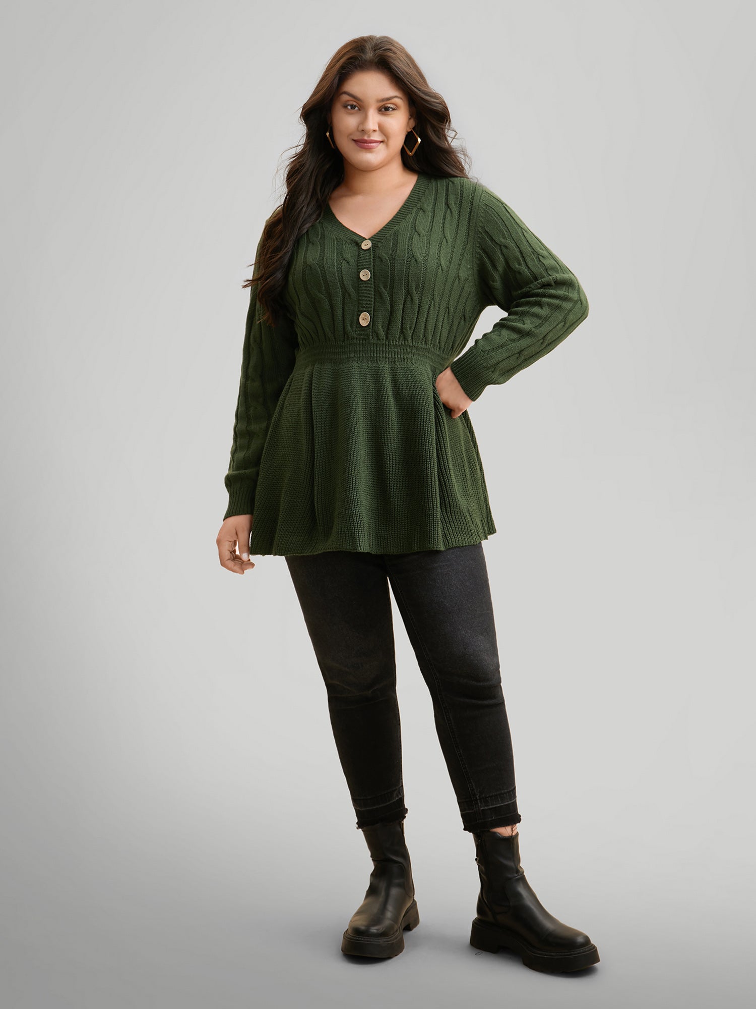 Texture Cable Knit Button Detail Pullover-Sweetccc