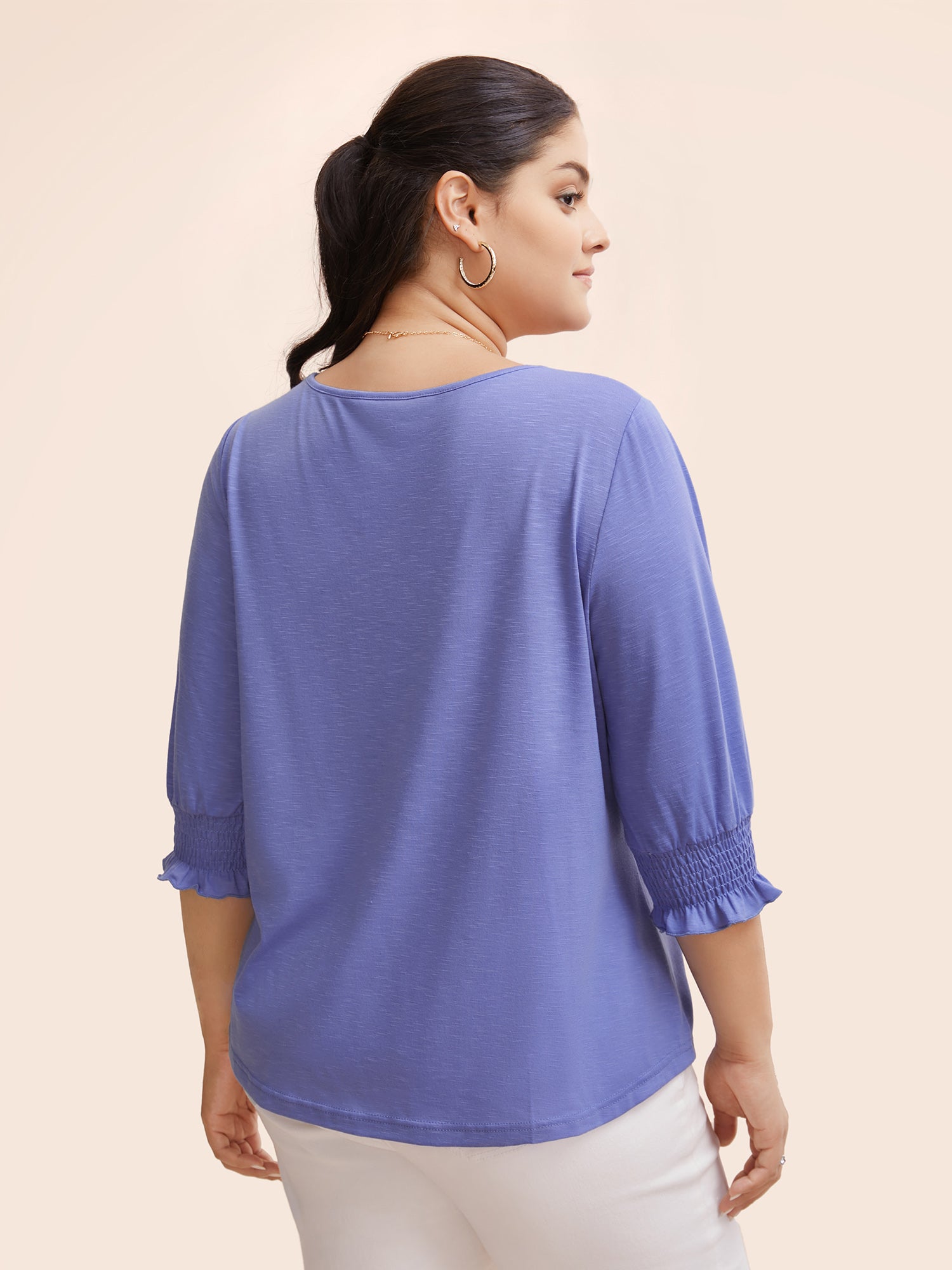 Solid V Neck Shirred Lantern Sleeve T-shirt-Sweetccc