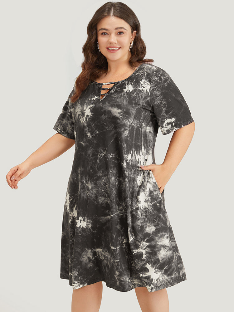 Marble Cut Out Pocket Zipper Midi Dress-Sweetccc