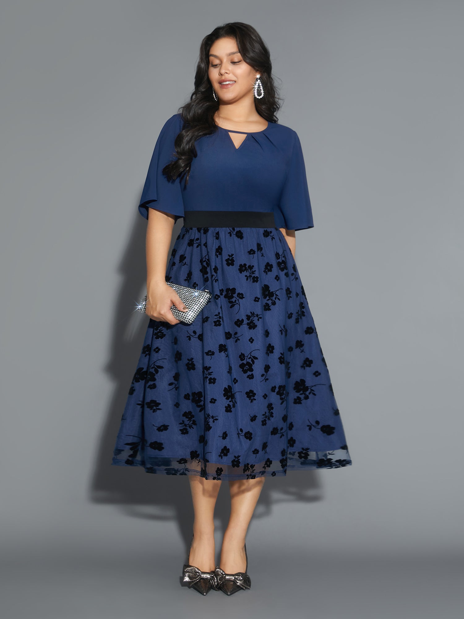 Floral Embroidered Mesh keyhole Dress-Sweetccc