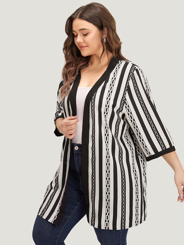 Striped Patchwork Contrast Open Front Kimono-Sweetccc