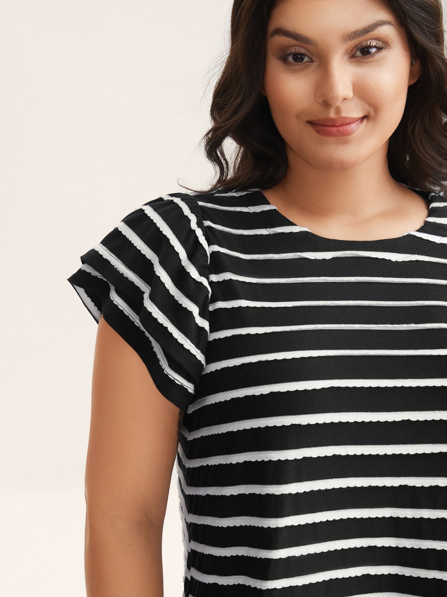 Stripe Textured Lotus Leaf Sleeve T-Shirt-Sweetccc