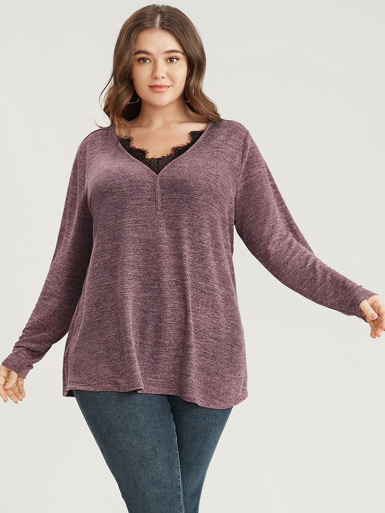 Solid Lace Trim V Neck Long Tee-Sweetccc