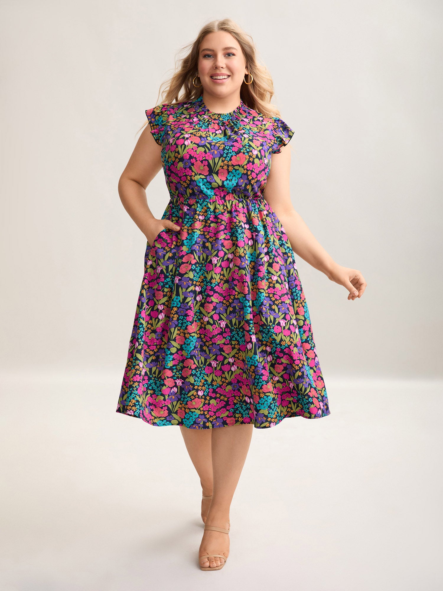 Floral Print Shirred Pockets Midi Dress-Sweetccc