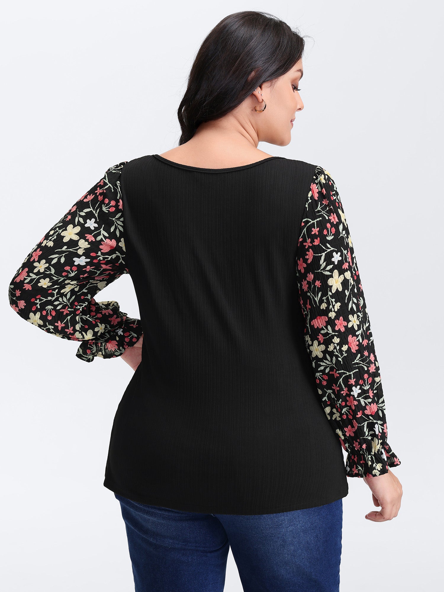 Textured Spliced Floral Sleeves Top-Sweetccc