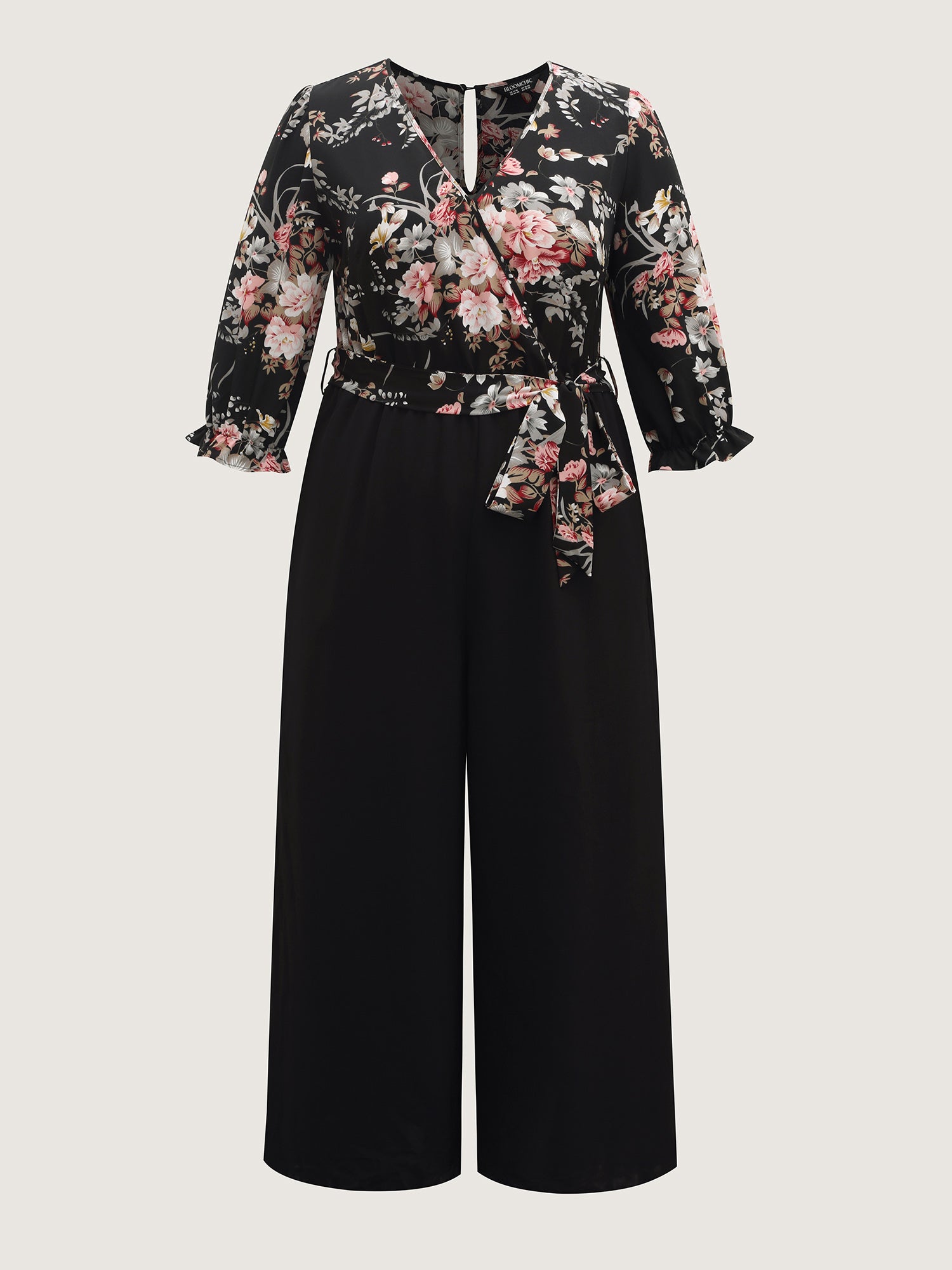 Floral Contrast Belted Wide-Leg Jumpsuit-Sweetccc