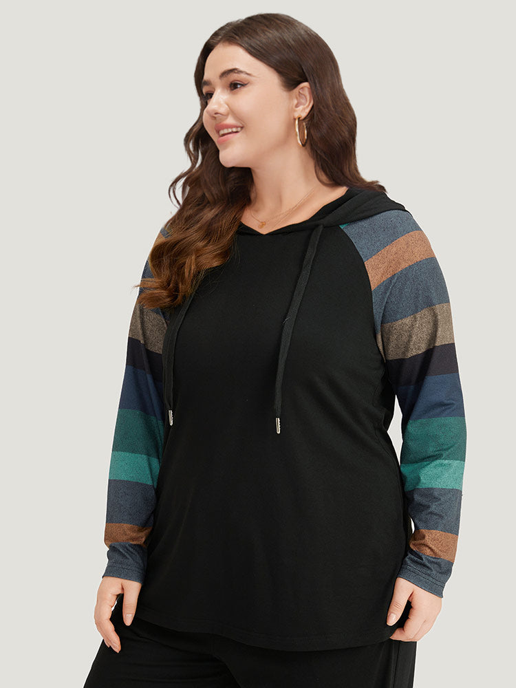 Striped Patchwork Contrast Hooded Raglan Sleeve T-shirt-Sweetccc