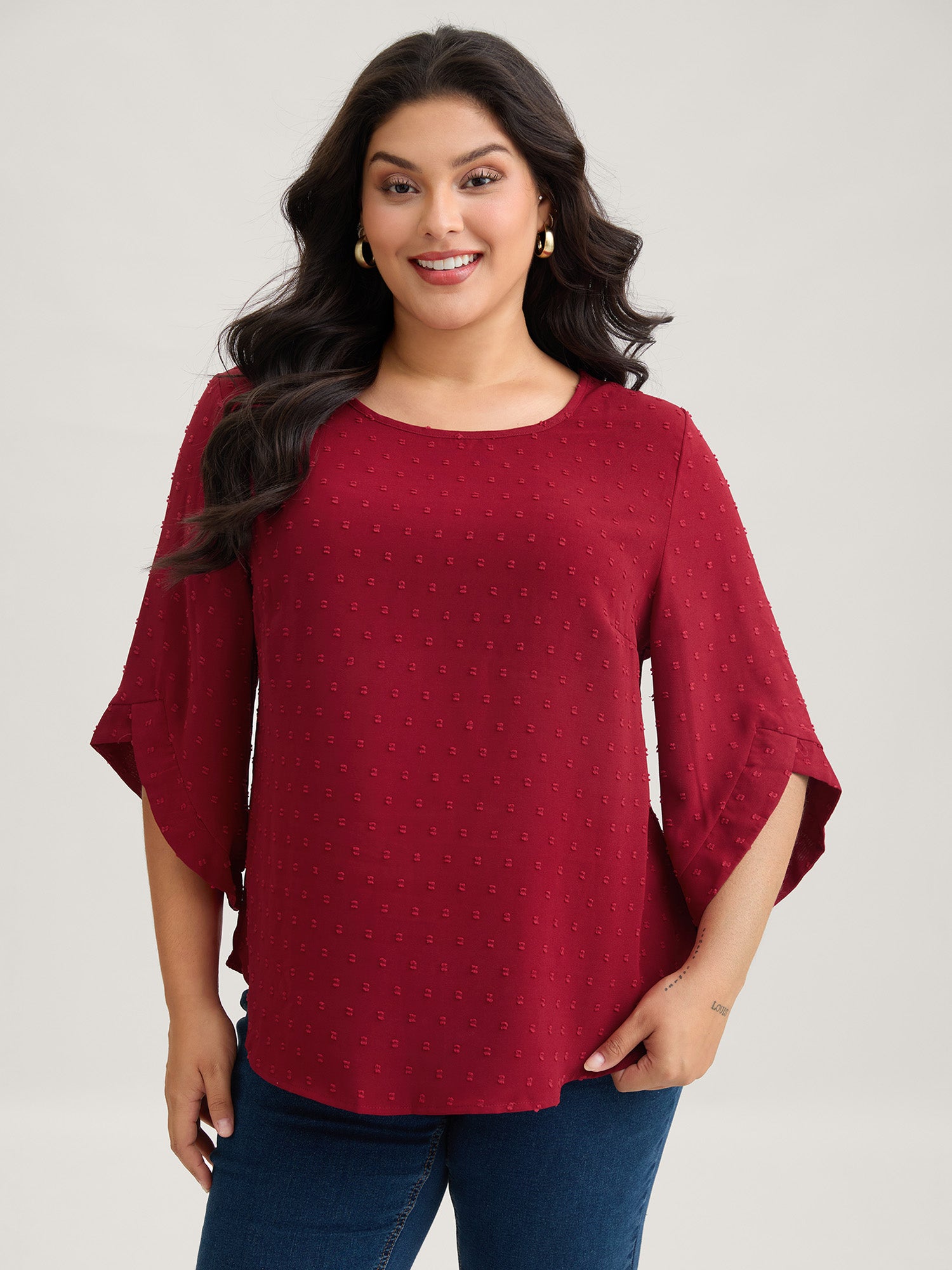 Textured Round Neck Bell Sleeve Blouse-Sweetccc