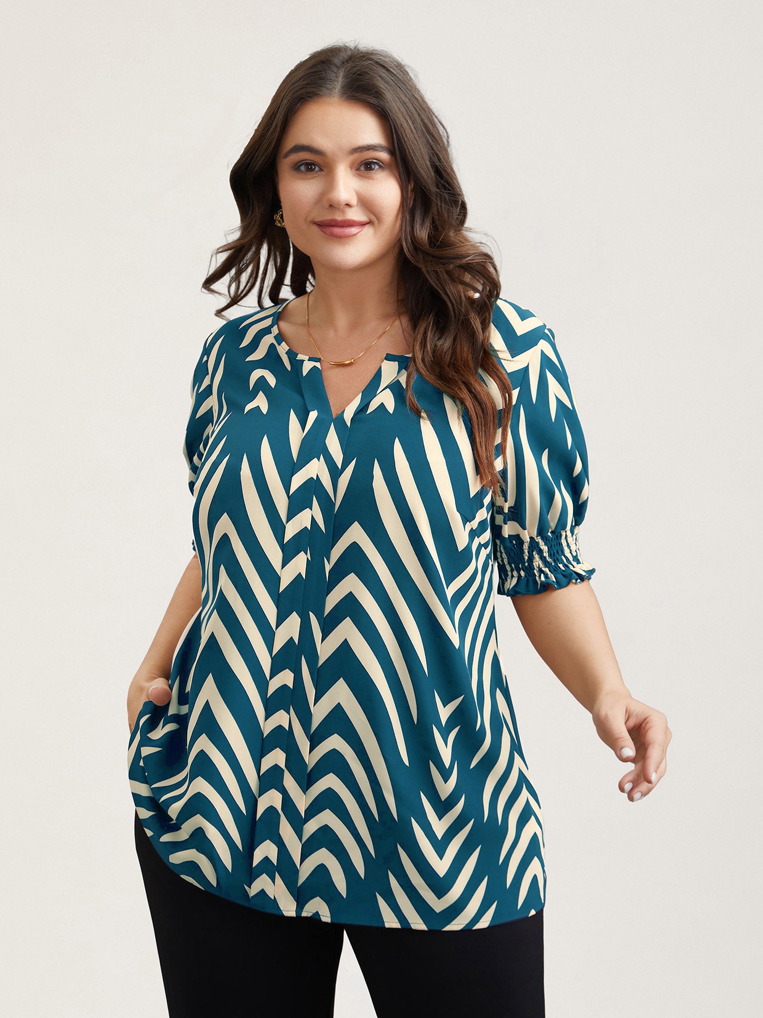Geometric Print Ruffled Shirred Shirt-Sweetccc