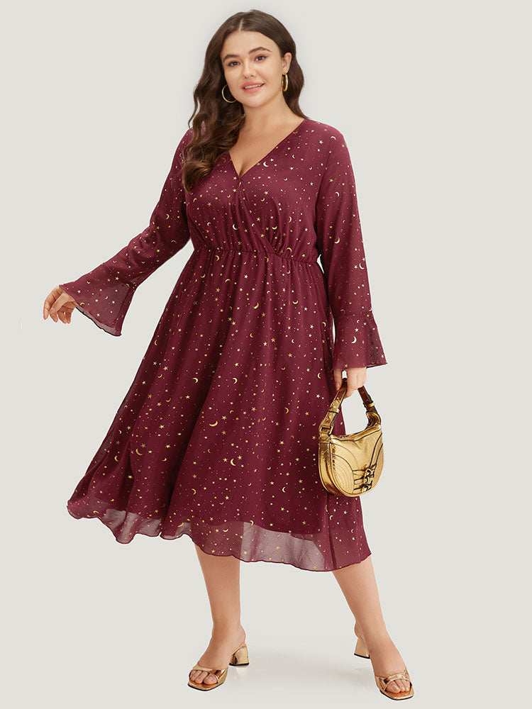 Moon & Star Glitter Surplice Neck Bell Sleeve Dress-Sweetccc
