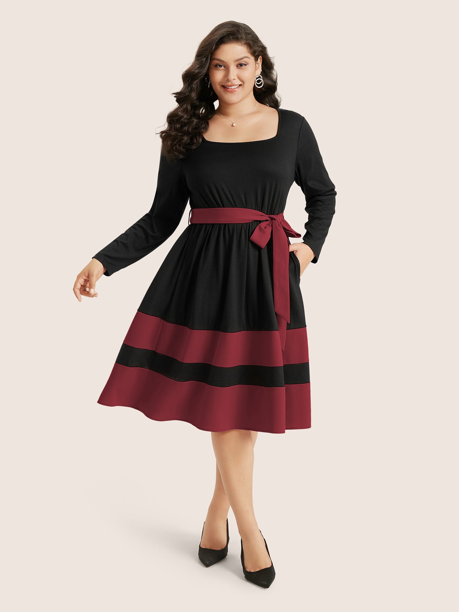Two Tone Belted Bowknot Square Neck Dress-Sweetccc
